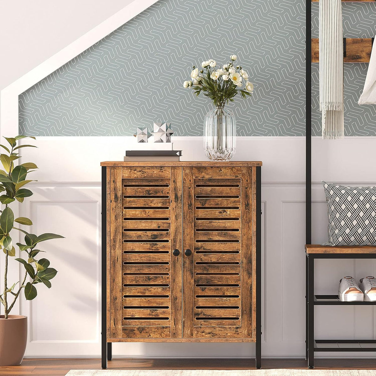 Rustic Brown Bathroom Cabinet with 2 Adjustable Shelves and Louver Doors P60866