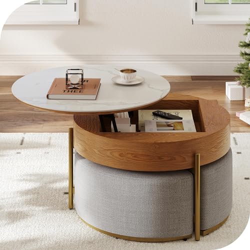 32" Round Marbling Pattern Slate Lift Top Coffee Table Set with Storage Q10553