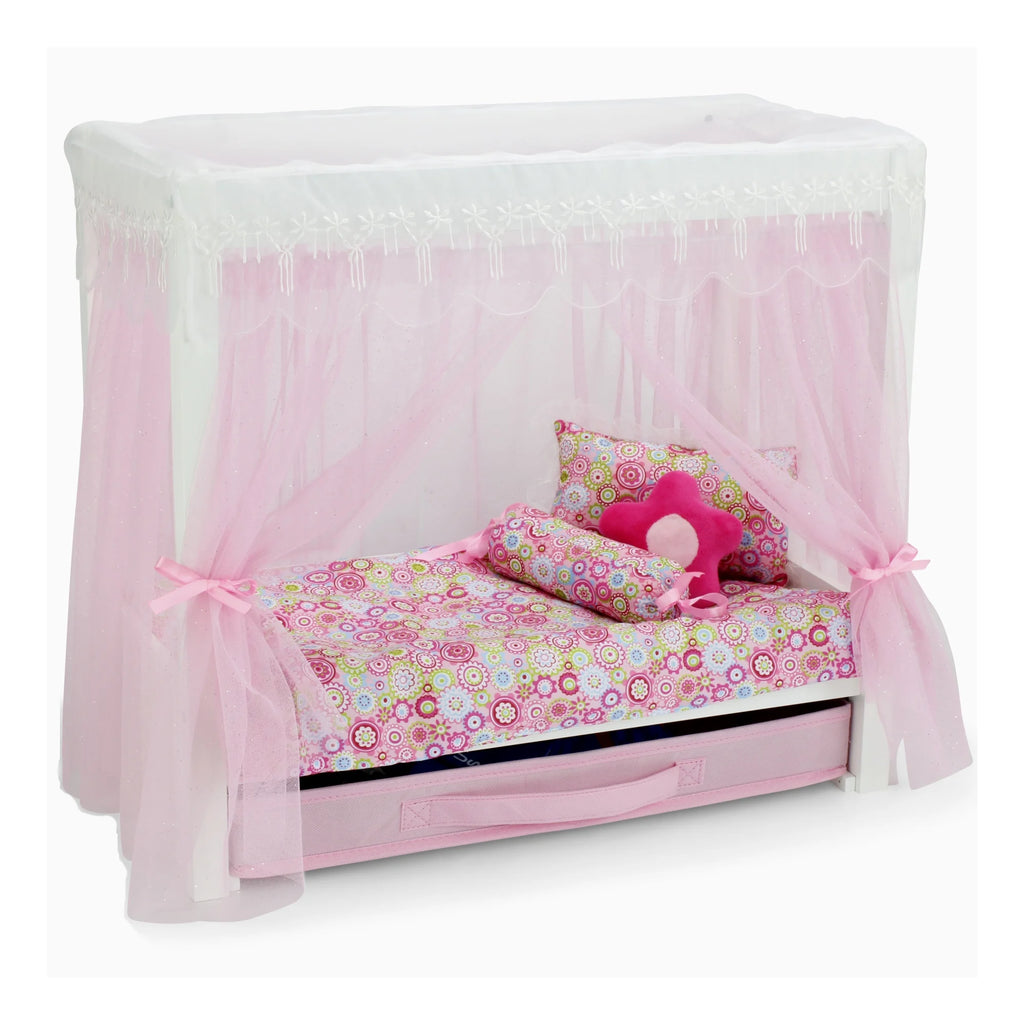 18 Inch Doll Canopy Single Bed with Doll Clothes Storage Drawer and 5 Piece Colorful Bedding Set A32829