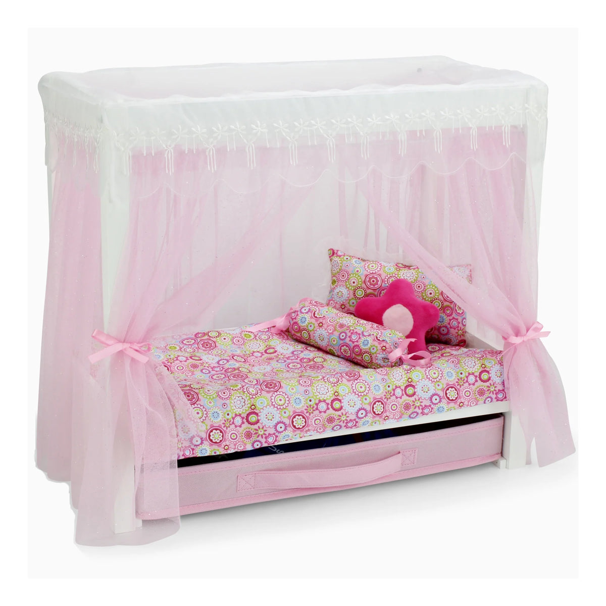 18 Inch Doll Canopy Single Bed with Doll Clothes Storage Drawer and 5 Piece Colorful Bedding Set A32829