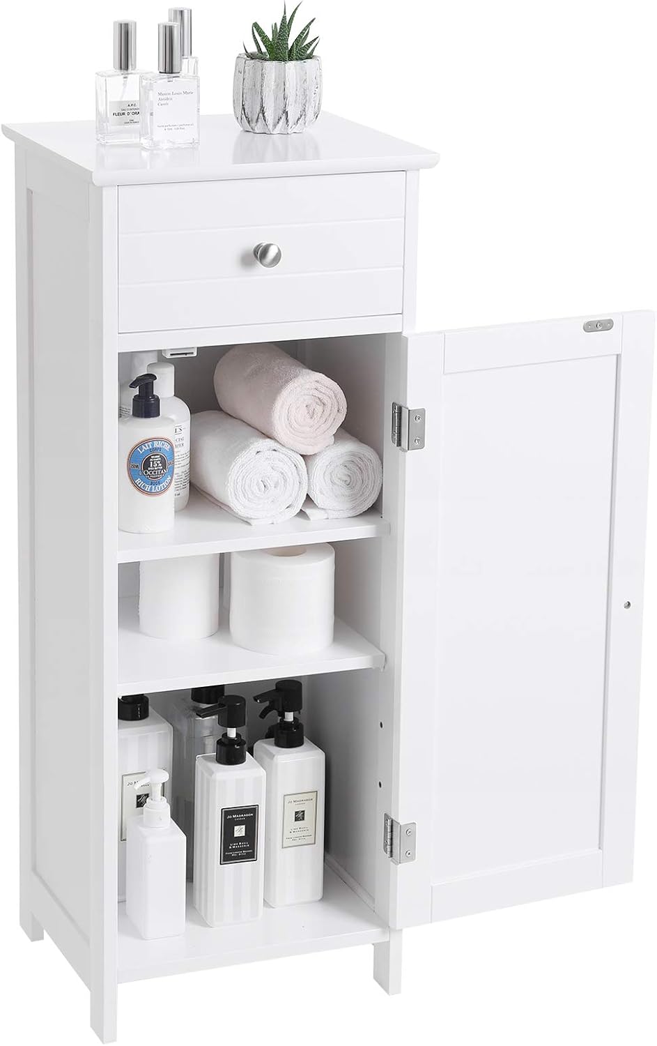 White Wooden Bathroom Floor Cabinet with Drawer and Adjustable Shelf T314