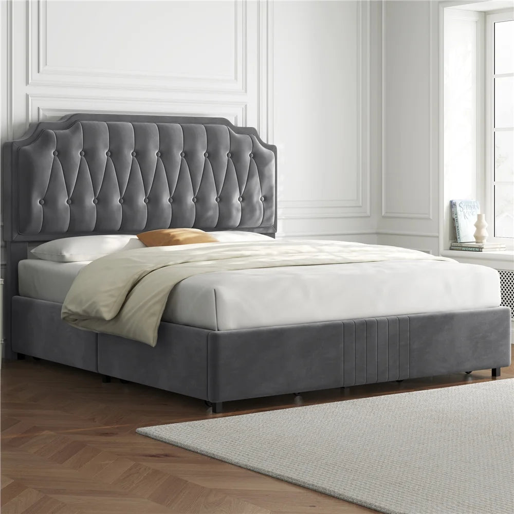 Queen Upholstered Bed with 4 Storage Drawers L243