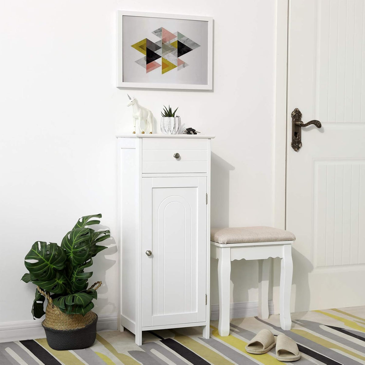 White Wooden Bathroom Floor Cabinet with Drawer and Adjustable Shelf T314