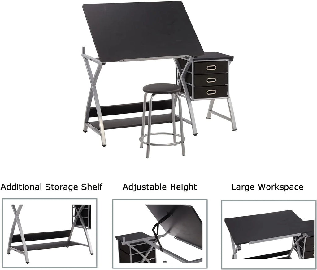 Adjustable Drafting Table with Stool and Storage Drawers, Black U1712