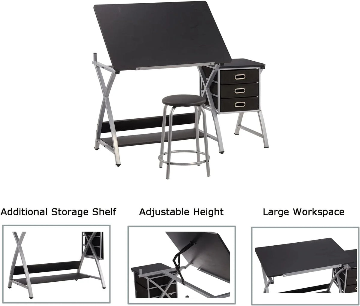 Adjustable Drafting Table with Stool and Storage Drawers, Black U1712