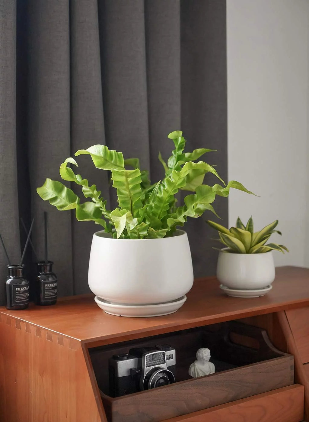 4.1+5.1+6.5 Inch Ceramic Plant Pots with Drainage Hole and Saucer, Set of 3, White F385