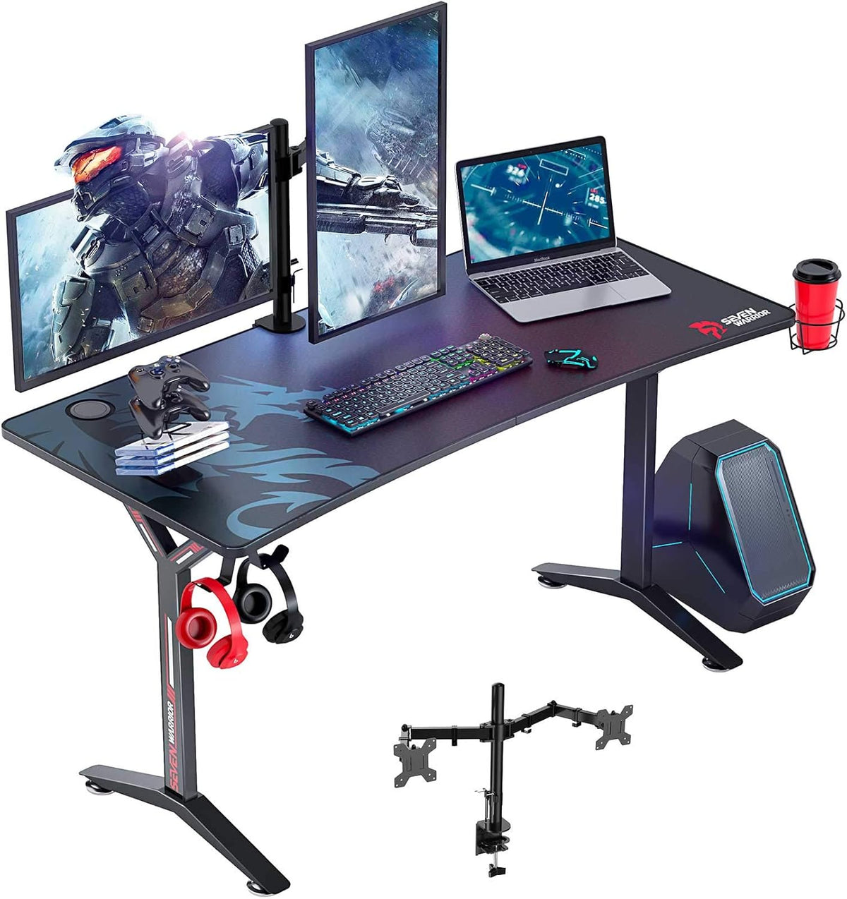 Gaming Desk with Dual Monitor Mount, Carbon Fiber Surface Computer Gamer Desk with Full Desk Mouse Pad, Ergonomic Y Shaped Gamer Table with Outlet Organizer, Gaming Rack Z2660
