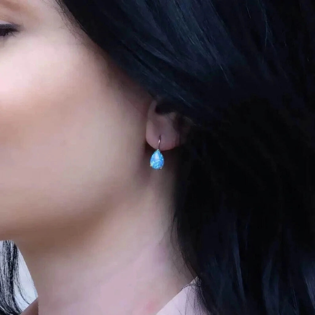 14K Yellow Gold Pear Cut Blue Opal Gemstone Teardrop Earrings Z78036