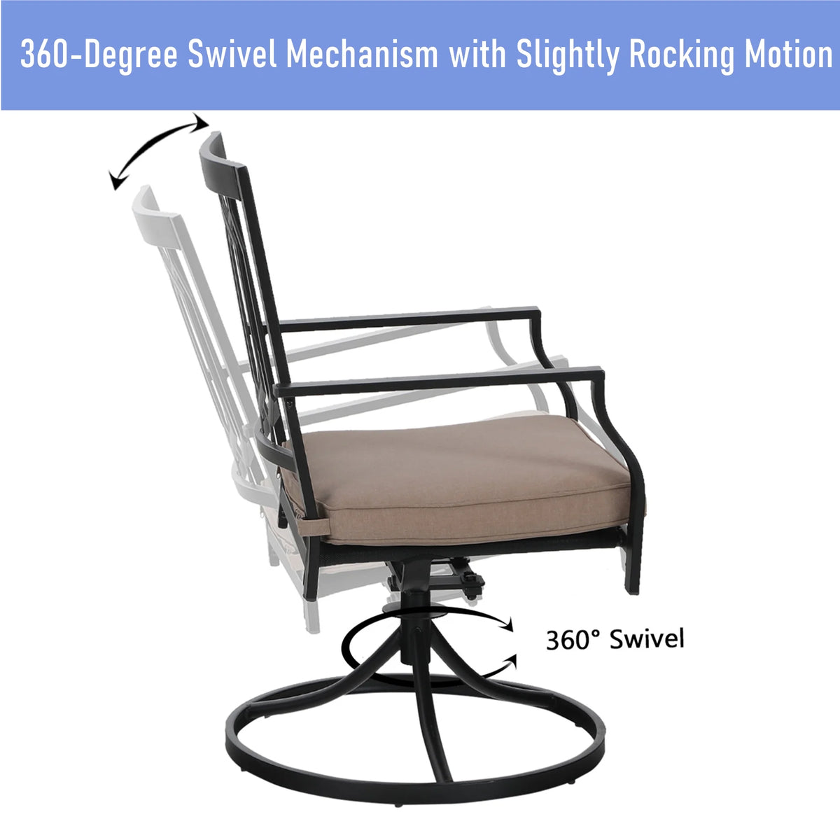 Set of 2 Outdoor Swivel Dining Chairs, Steel Frame with Cushion, Black&Beige H3008