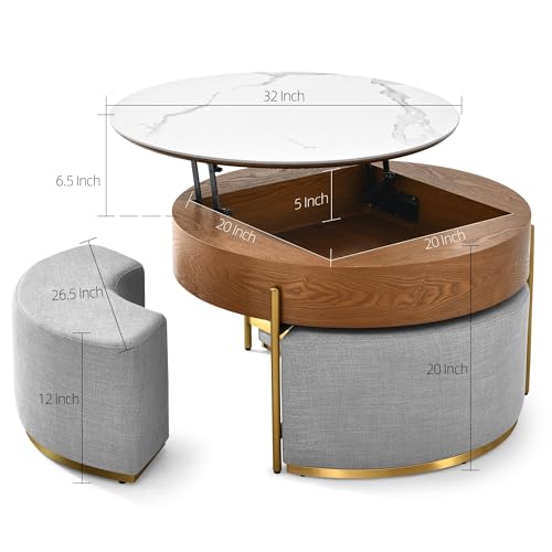 32" Round Marbling Pattern Slate Lift Top Coffee Table Set with Storage Q10553