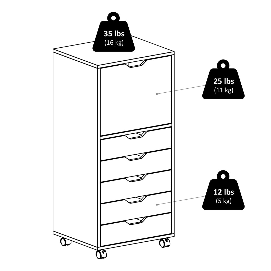 White 5 Drawer Rolling Wood Dresser E12318