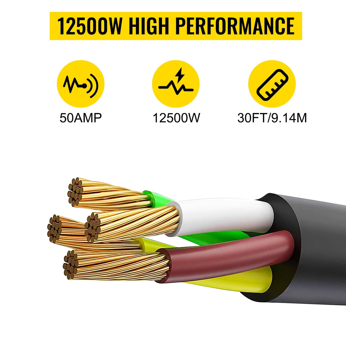 30' 50A RV Power Cord 6/3 + 8/1 AWG NEMA 14-50P to Bare Wire J54751