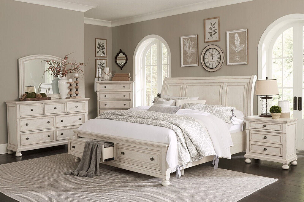 Queen Size 6pc Storage Bed Dresser Mirror White Q4911