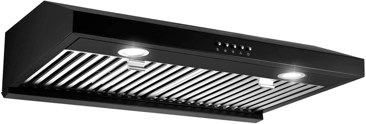 Matte Black 30 inch Stainless Steel Under Cabinet Range Hood with Push Button Control, 600 CFM, Dual Motors, Baffle Filters, LED Lights R7139