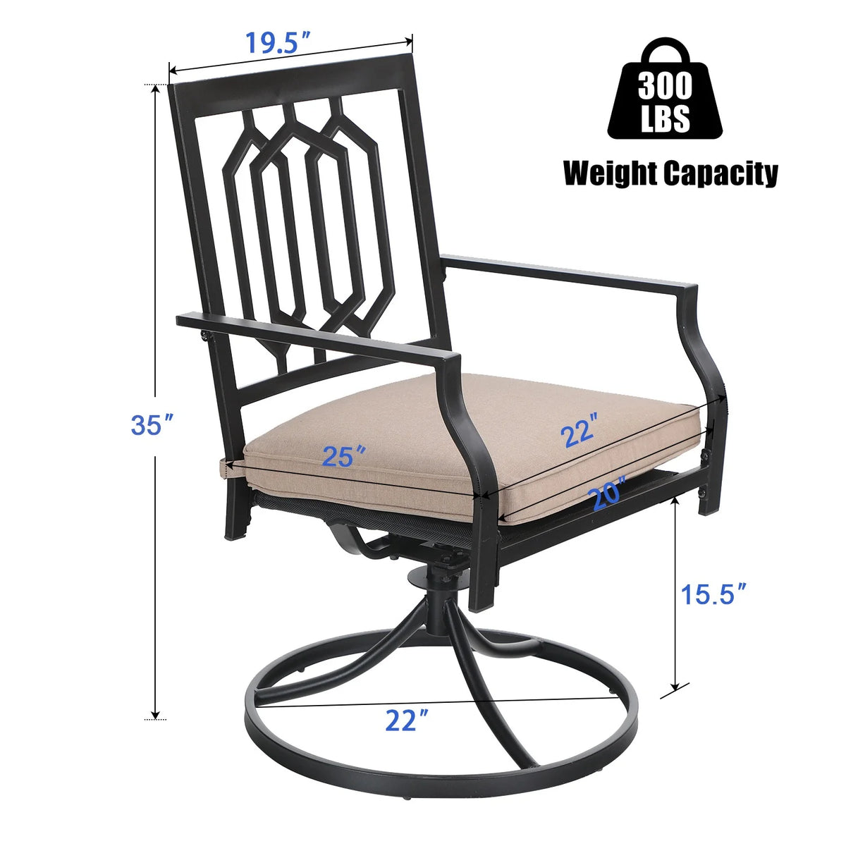 Set of 2 Outdoor Swivel Dining Chairs, Steel Frame with Cushion, Black&Beige H3008