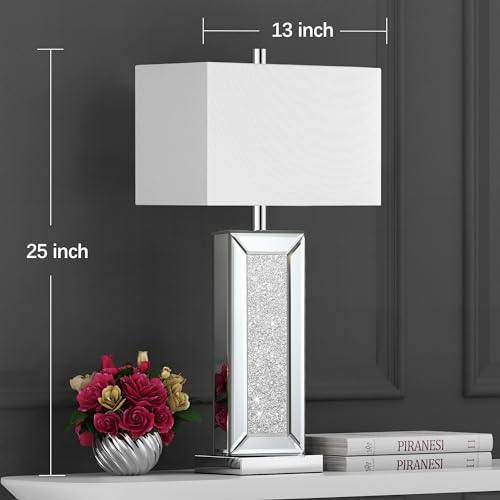 Table Lamp Set of 2 Touch Control Silver Mirror Crystal with USB C+A Ports 3-Way Dimmable White Fabric Shade T513