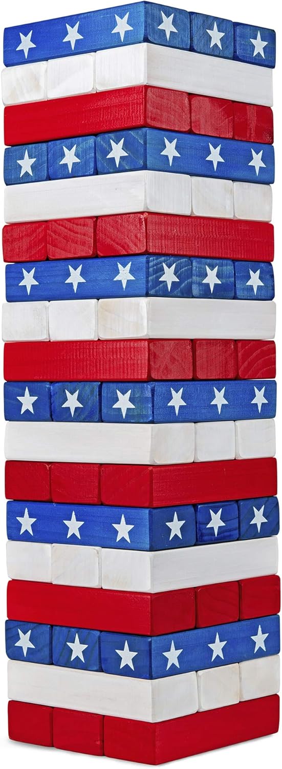 Large American Flag Tumbling Tower 54pc Wooden Toppling Blocks Stacking Yard Game with Storage Carry Bag G971