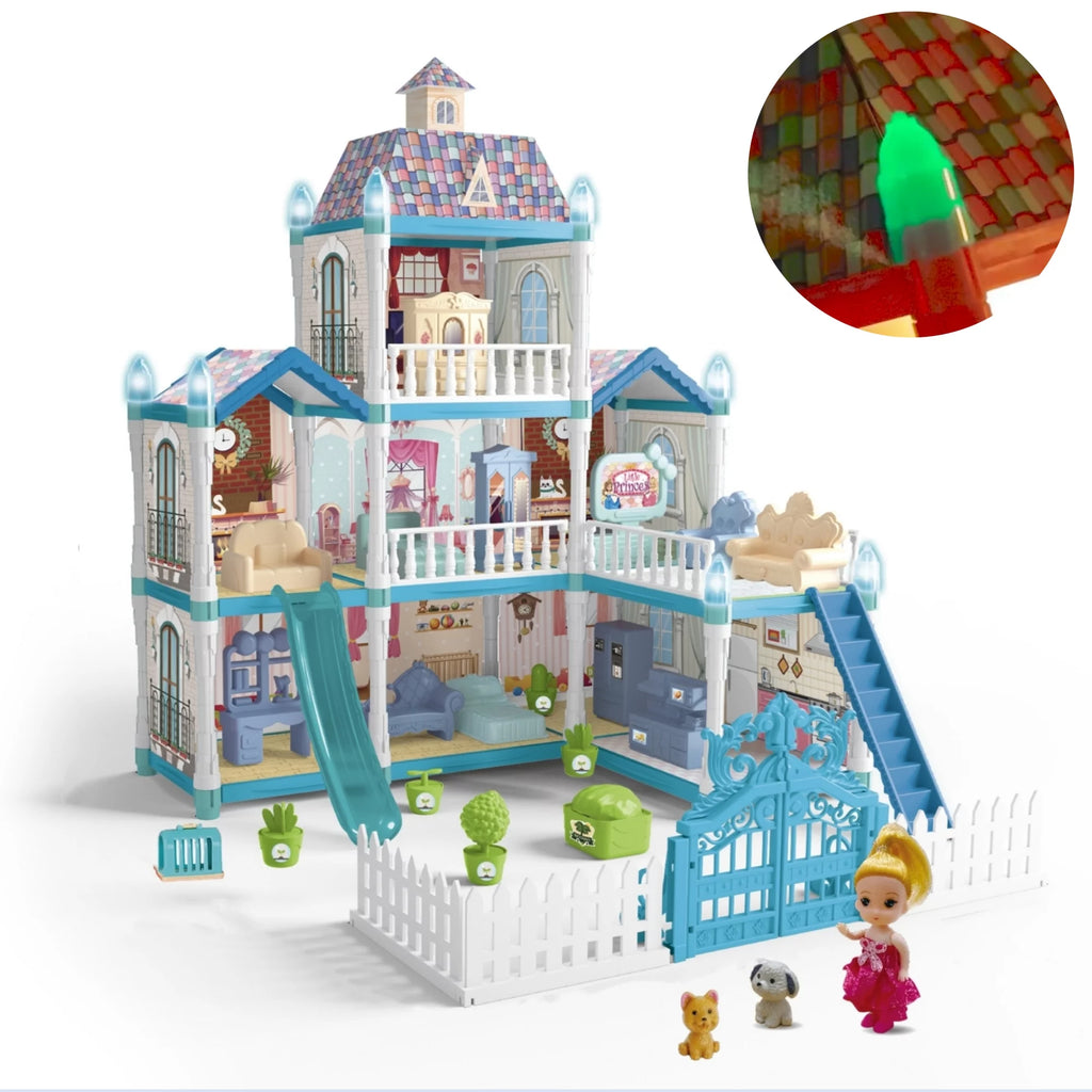 8 Room Dollhouse Play Set with Slide Doll and Furniture Accessories, 191 Pcs O175263