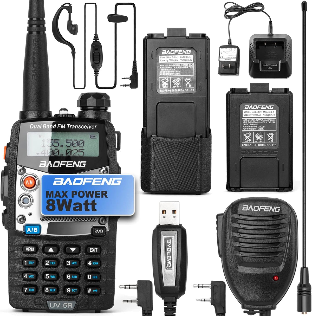 UV-5R Pro Dual-Band 2-Way Radio Handheld Walkie Talkies with 2 Rechargeable Battery and Earpiece E7465