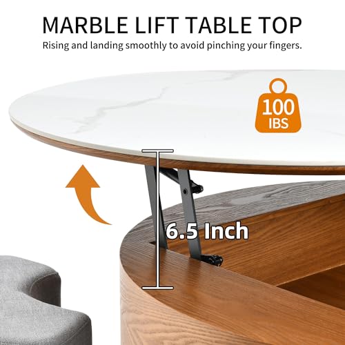 32" Round Marbling Pattern Slate Lift Top Coffee Table Set with Storage Q10553