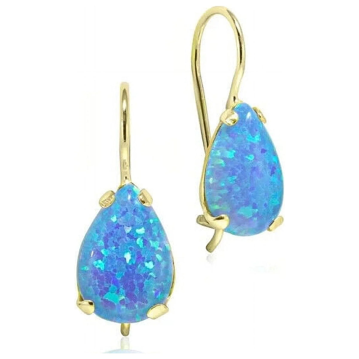 14K Yellow Gold Pear Cut Blue Opal Gemstone Teardrop Earrings Z78036