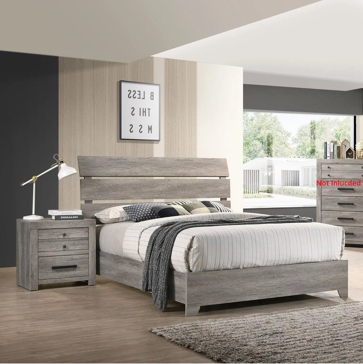King Size 3Pc Wooden Bedroom Set Platform Bed and 2 Nightstands Y9514