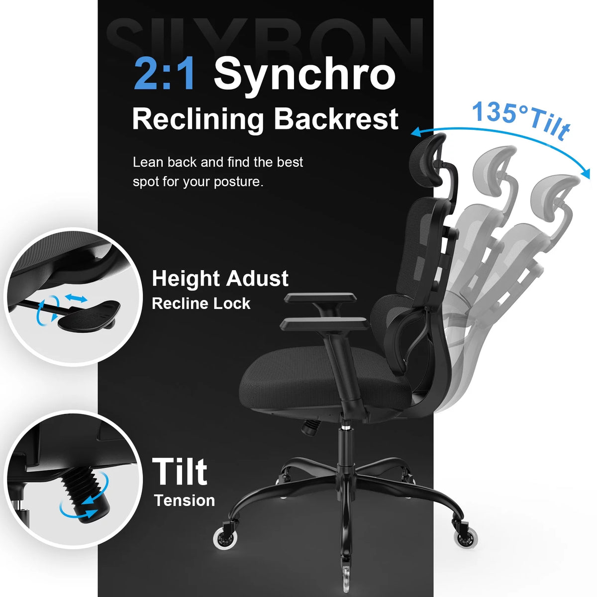 Black Ergonomic Mesh Office Chair with Lumbar Support and Wheels L3038