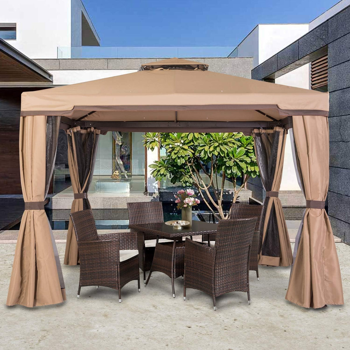 Beige 10 x 10 FT Outdoor Patio Gazebo with Mosquito Netting Z640337
