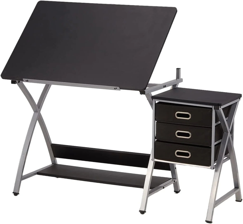 Adjustable Drafting Table with Stool and Storage Drawers, Black U1712