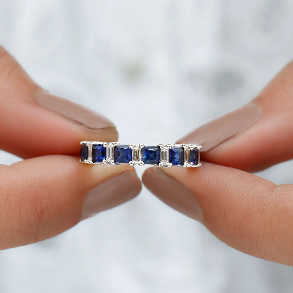 Lab Created Blue Sapphire Half Eternity Ring with Diamond - 2 CT, 14K White Gold, US 6.00 I374
