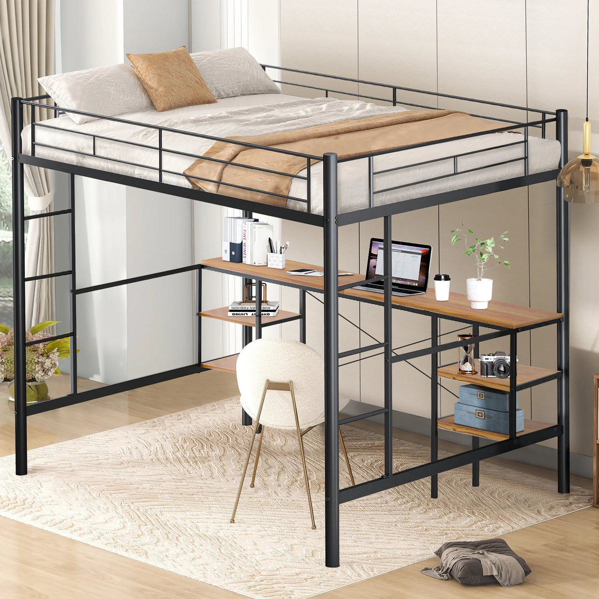 Black Twin Metal Loft Bed with Desk and 4 Shelves P586