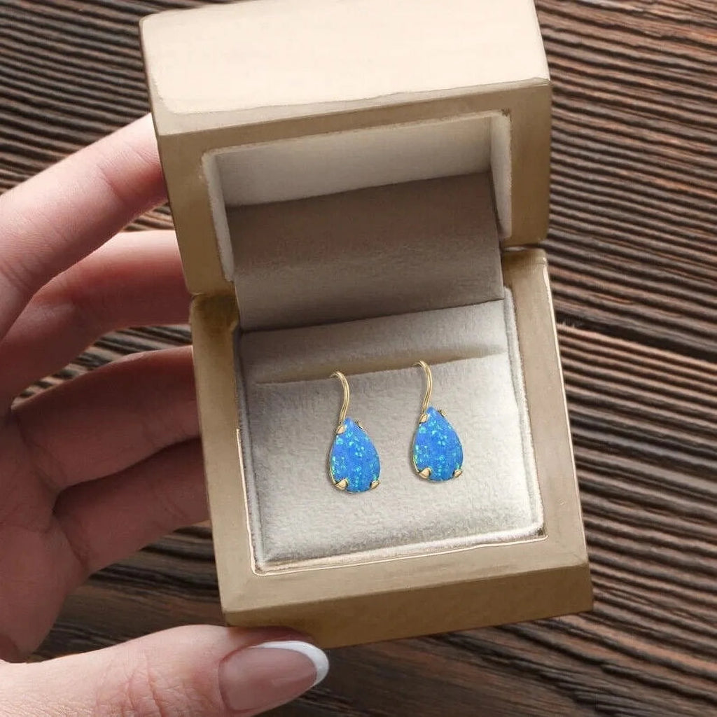 14K Yellow Gold Pear Cut Blue Opal Gemstone Teardrop Earrings Z78036