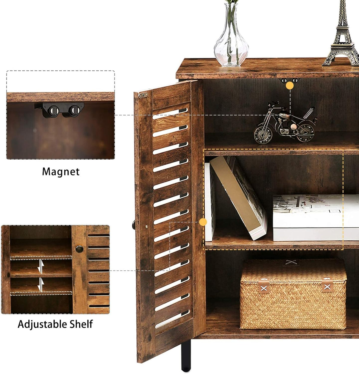 Rustic Brown Bathroom Cabinet with 2 Adjustable Shelves and Louver Doors P60866