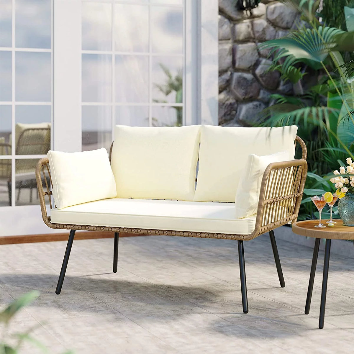 Wicker Loveseat Sofa with Beige Cushions D1080