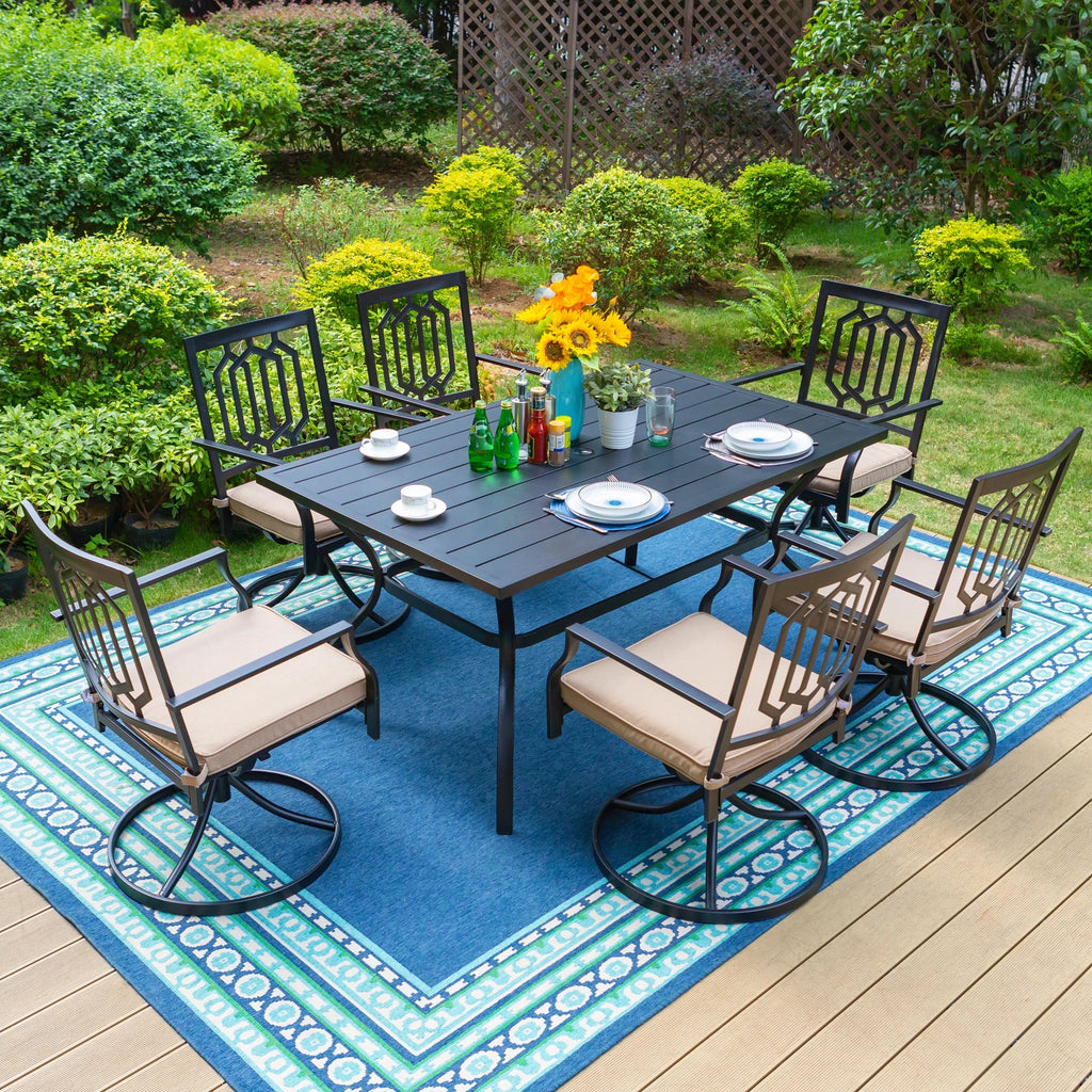 Set of 2 Outdoor Swivel Dining Chairs, Steel Frame with Cushion, Black&Beige H3008