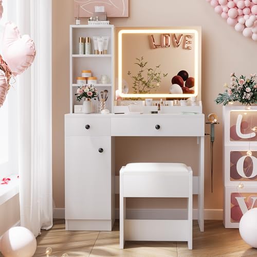 White Makeup Vanity Desk with Mirror and Lights C2734