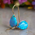 14K Yellow Gold Pear Cut Blue Opal Gemstone Teardrop Earrings Z78036