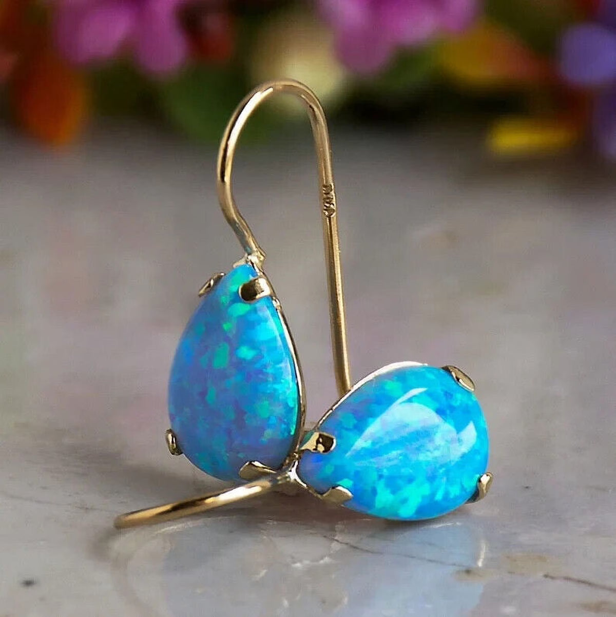14K Yellow Gold Pear Cut Blue Opal Gemstone Teardrop Earrings Z78036