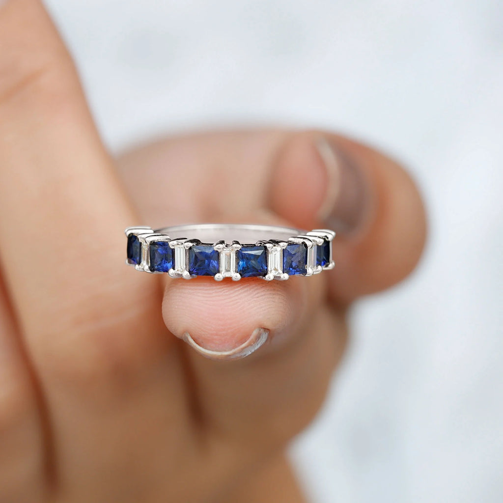 Lab Created Blue Sapphire Half Eternity Ring with Diamond - 2 CT, 14K White Gold, US 6.00 I374