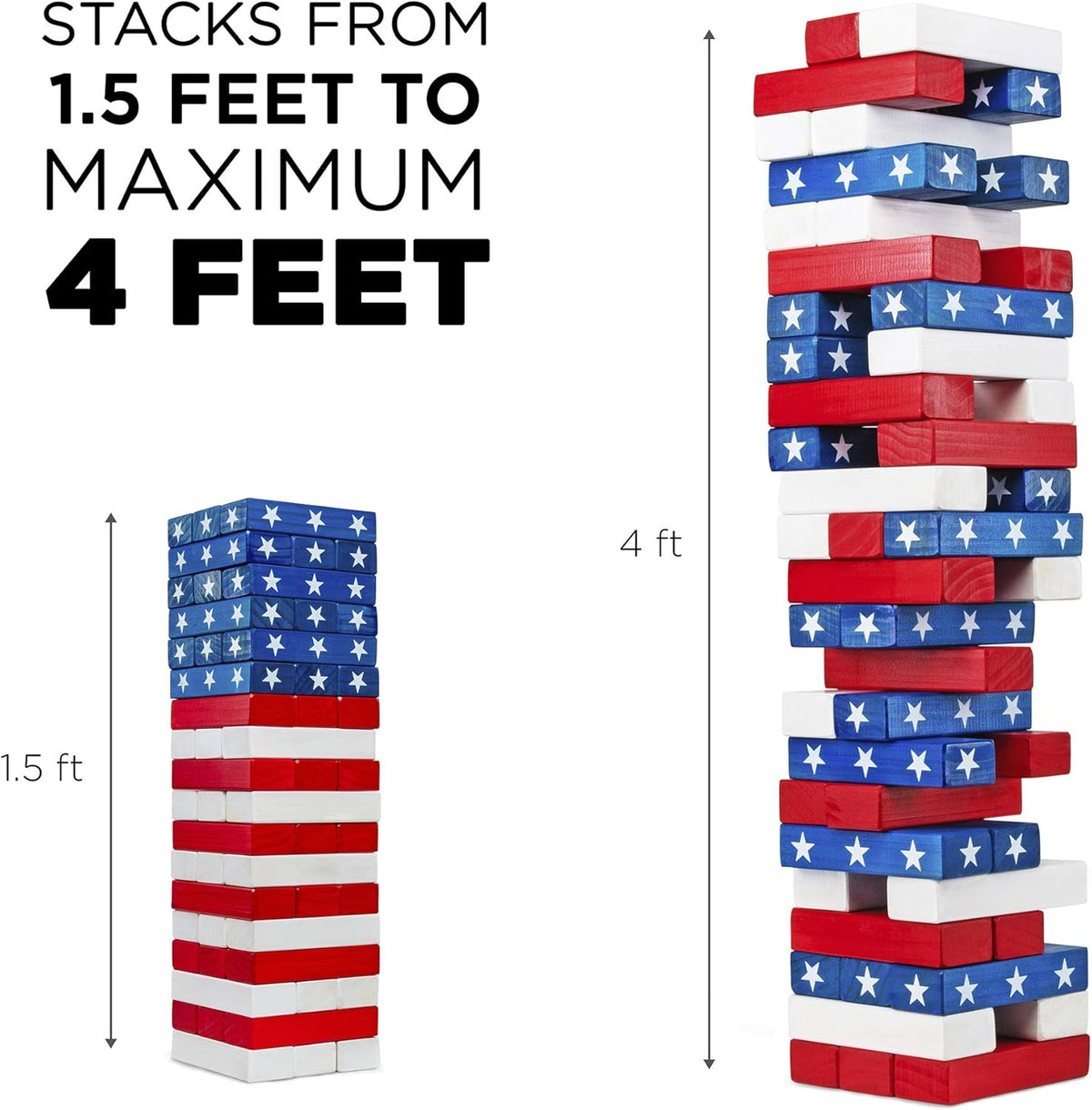 Large American Flag Tumbling Tower 54pc Wooden Toppling Blocks Stacking Yard Game with Storage Carry Bag G971