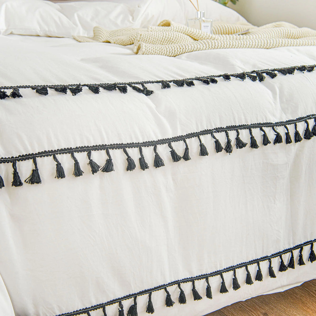 White Black Tassel King Duvet Cover Set Y3165