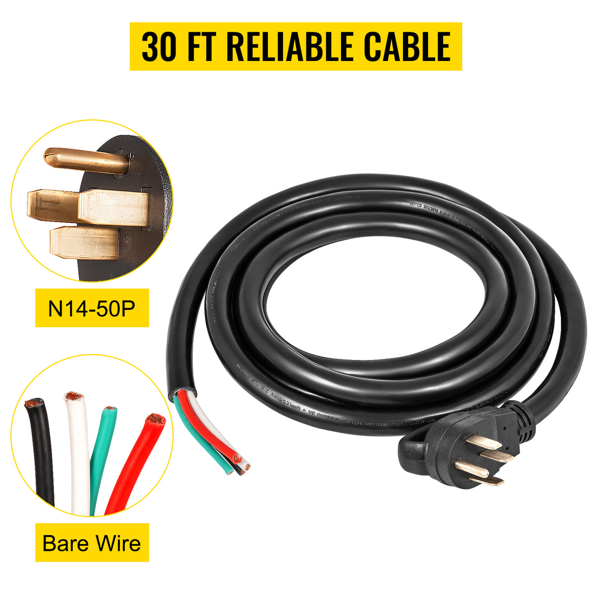 30' 50A RV Power Cord 6/3 + 8/1 AWG NEMA 14-50P to Bare Wire J54751