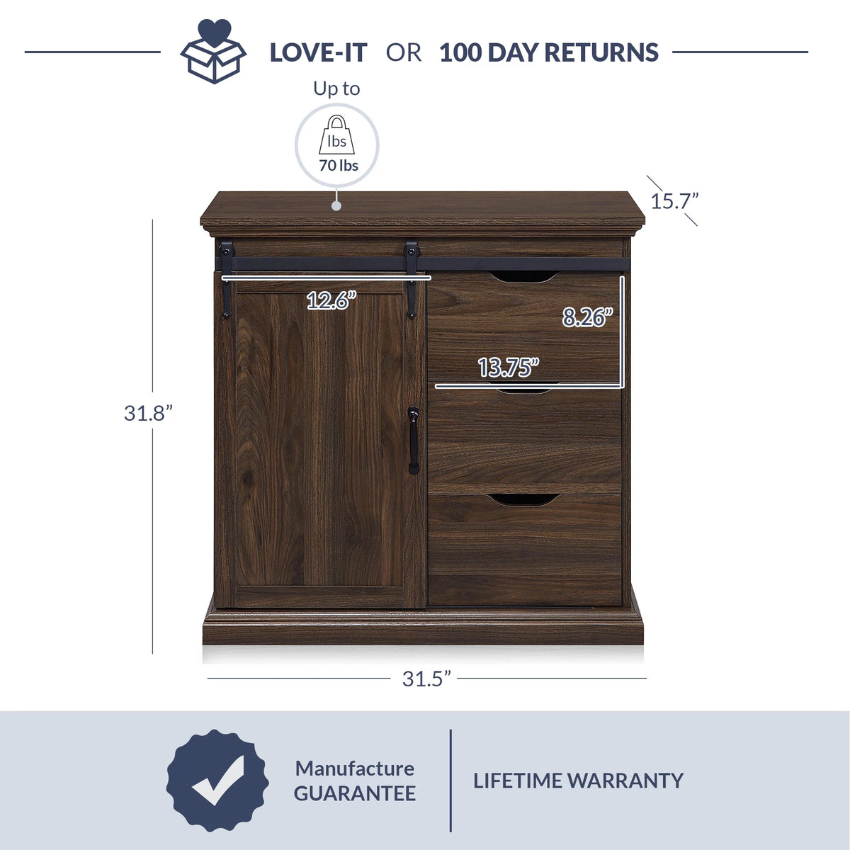 Modern Farmhouse Buffet Table with Sliding Barn Door, Three Drawers & Two Shelves G7898