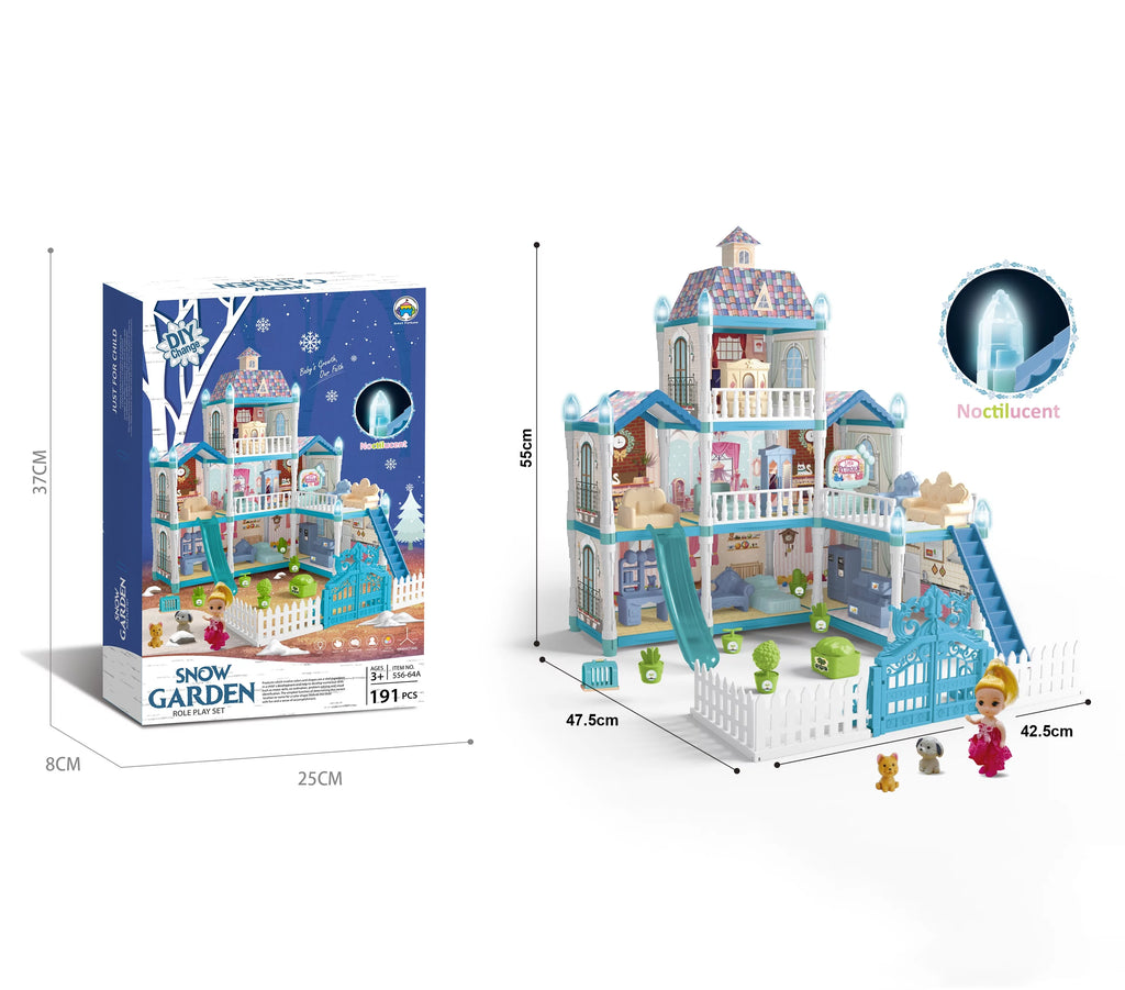 8 Room Dollhouse Play Set with Slide Doll and Furniture Accessories, 191 Pcs O175263