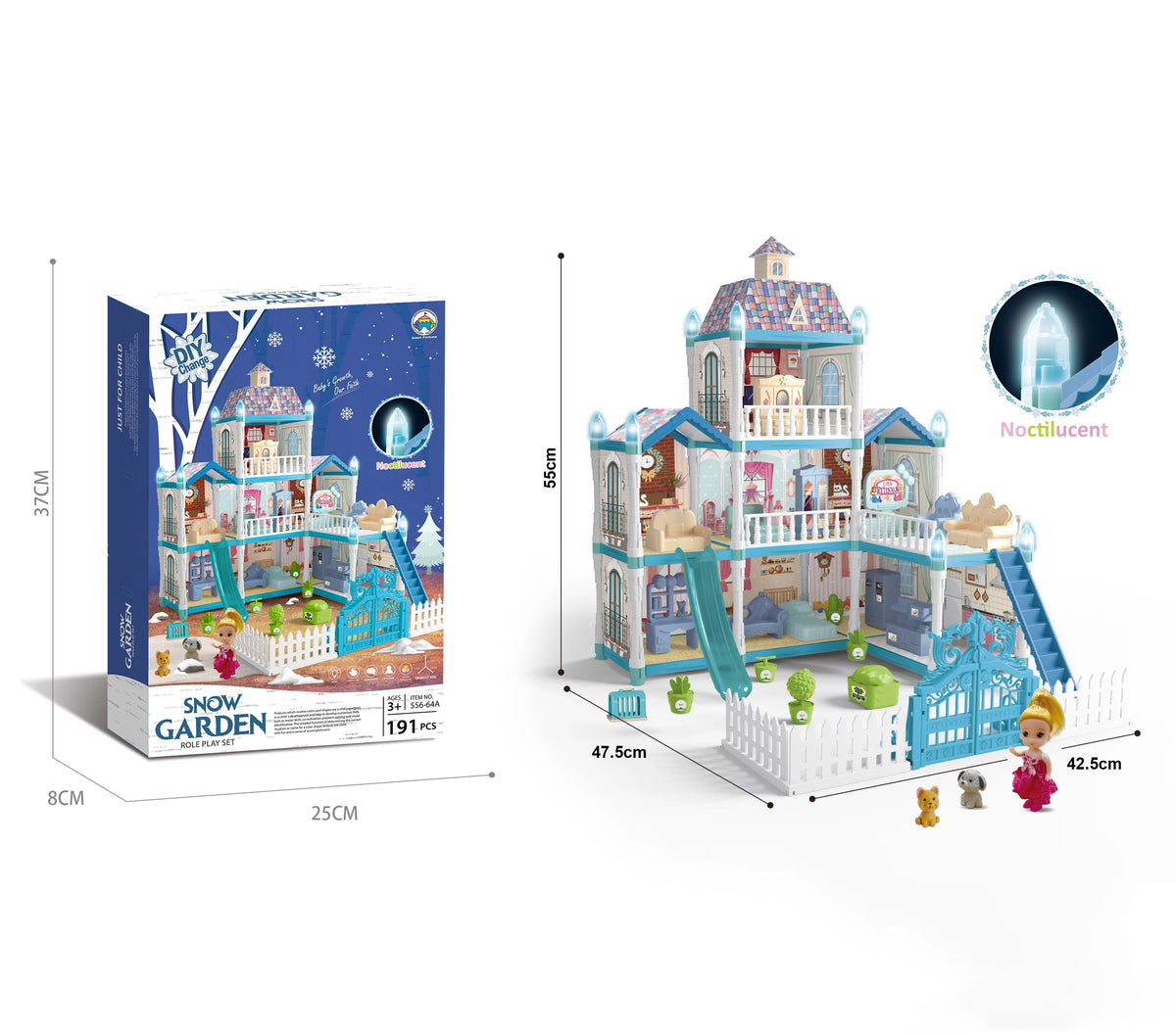 8 Room Dollhouse Play Set with Slide Doll and Furniture Accessories, 191 Pcs O175263