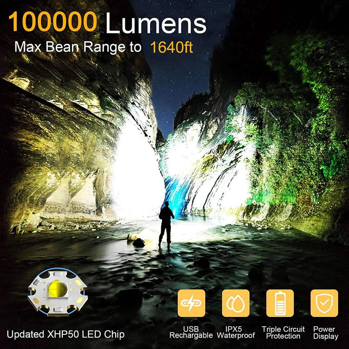 100000 High Lumens Usb Rechargeable Waterproof Flashlight K785