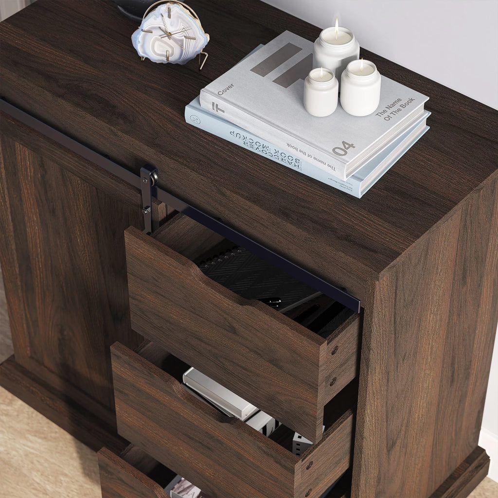 Modern Farmhouse Buffet Table with Sliding Barn Door, Three Drawers & Two Shelves G7898