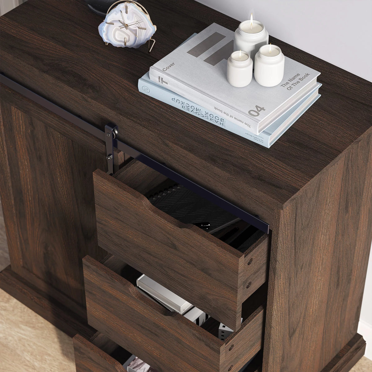 Modern Farmhouse Buffet Table with Sliding Barn Door, Three Drawers & Two Shelves G7898