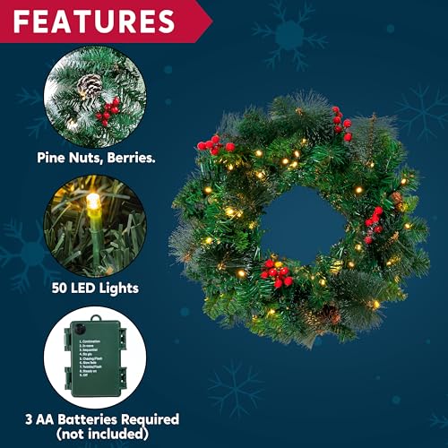 20” Artificial Christmas Wreath Prelit with 50 LED Lights H672