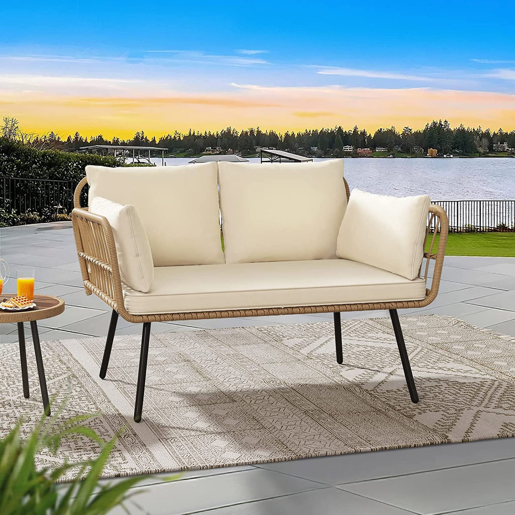 Wicker Loveseat Sofa with Beige Cushions D1080